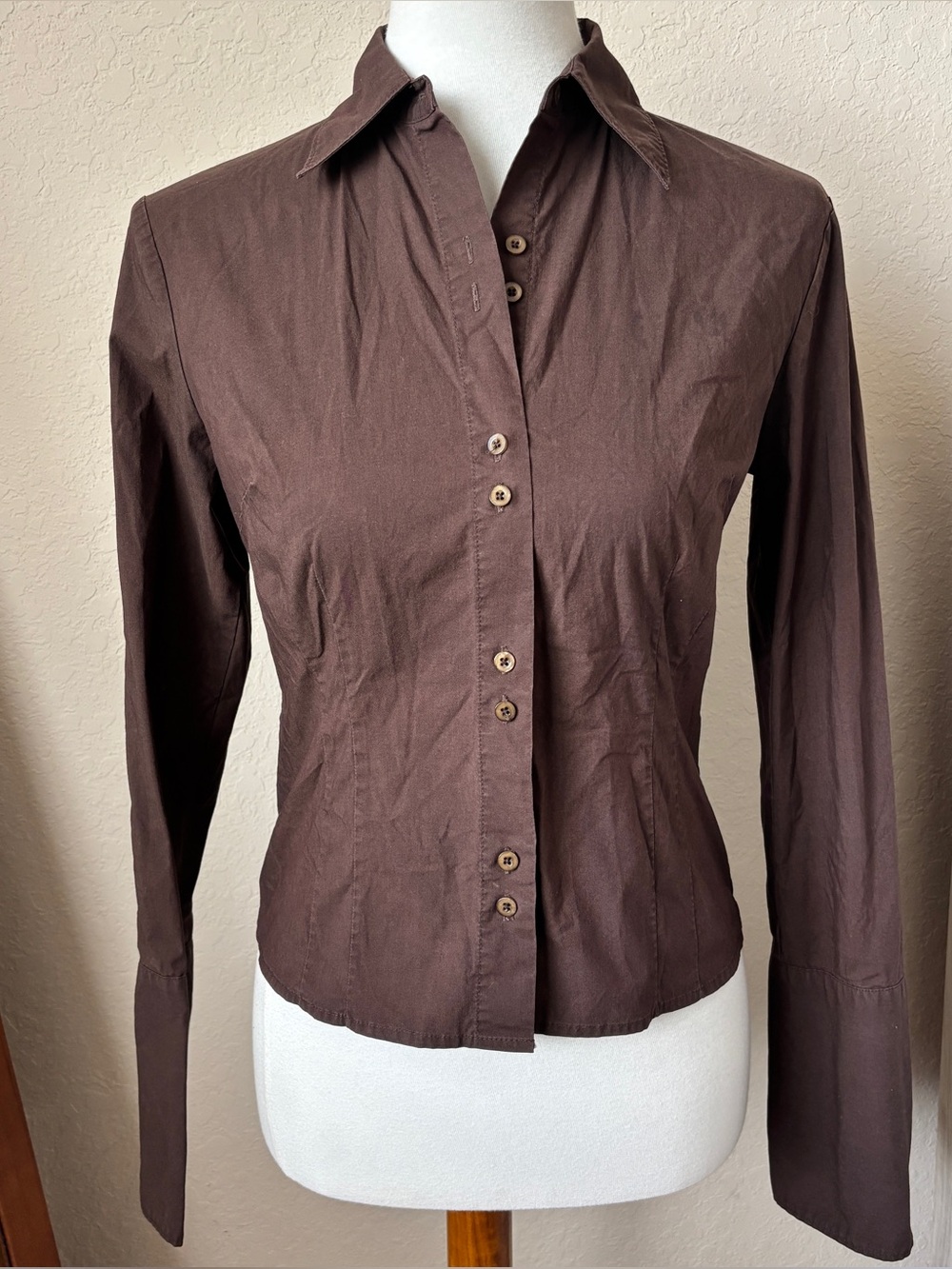 Express Vintage Chocolate Brown Button Up Shirt Blouse Y2K Top Womens Size 1/2